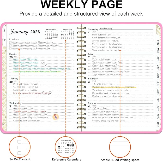 2026 Planner, Weekly and Monthly Academic Year 2026 Calendar(January 2026- December 2026), Agenda Book for School Stuedent, Teacher, Home, Office (Pink(JAN2026-DEC2026))