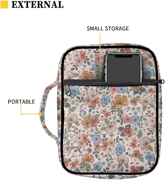 Coldinair Vintage Floral Print Bible Cover for Women Church Bag Bible Organizer and Carrying Case for Large Bibles Flowers Bible Carrying Case for Women, Bible Tote Bag