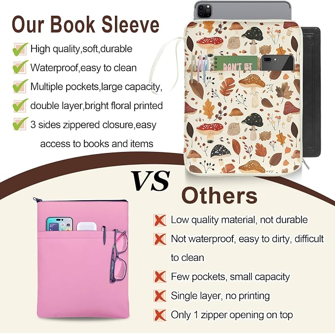 Book Sleeve Book Cover Bag, PU Leather Waterproof Book Pouch, Book Protector Case with Zipper, Fall Autumn Leaf Mushroom Print Portable Book Cover Bag for Book Lovers Gifts Paperbacks Hardcover