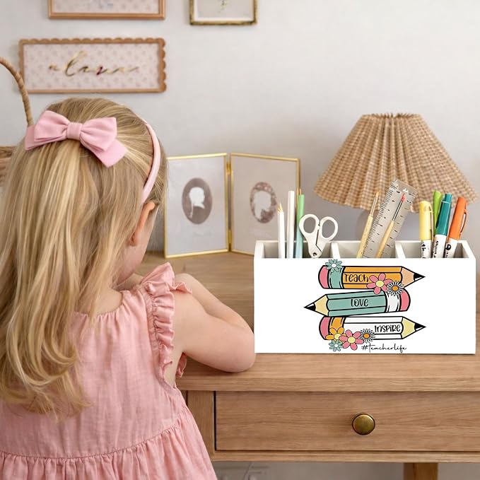 Teacher Life Wooden Desk Organizer, Cute Pencils Design Pen Pencil Holder with 3 Compartments, Decorative Office Supply Storage Box for Desk, Home, Classroom, Gift for Teachers