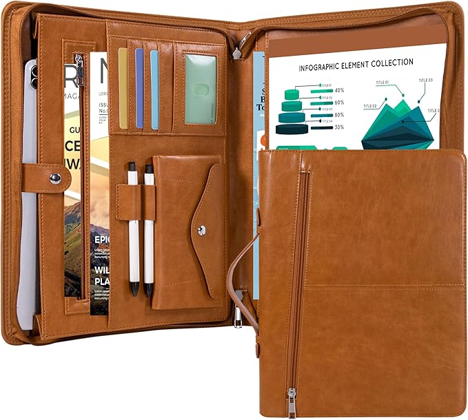 Calfinder Leather Padfolio Portfolio Binder, Zippered Padfolio with Handle for Men Women, A4 Letter Size Business Binder, Padfolio Folder Organizer for Interview Notebook Tablet
