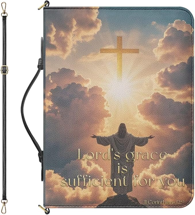 2XL Bible Cover for Men, PU Leather Bible Case with Strap and Handle, II Corinthians 12:9 Crucifix Print Book Organizer with Inner Pockets and Pen Loop, Biblia Accessories for Men, Gold
