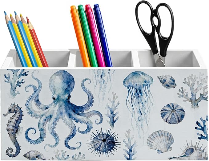 Watercolor Octopus Coastal Beach Pen Holder for Home Office Desk, Beach Office Decor, Blue Nautical Ocean Marine Life Wooden Box Sign Pencil Holder for Desk Shelf Organizer