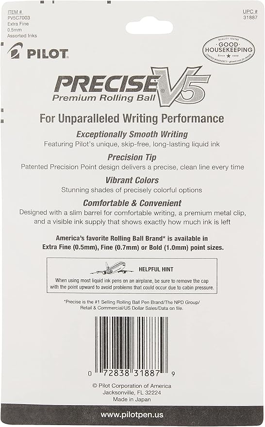 PILOT Precise V5 Stick Liquid Ink Rolling Ball Stick Pens, Extra Fine Point (0.5mm) Assorted Ink Colors, 7-Pack (31887)