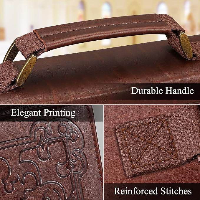FINPAC Large Classic Bible Cover Vegan Leather Carrying Book Case Church Bag Bible Protective with Handle, Gift for Men, Women, Father, Mother, Friends, Brown