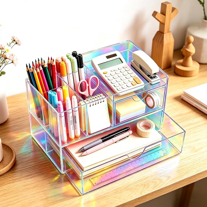 Desk Organizer with Drawers Acrylic Desktop Organizer Pen Holder Caddy for Office Supplies Makeup Organizer for Vanity, Iridescent