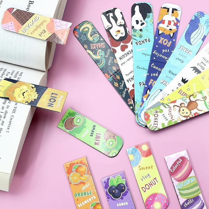 105 Pack Magnetic Bookmarks for Kids,Cute Page Markers,Back to School Gifts for Students Teachers，Easter Basket Stuffers 30 Styles(Fruit Food Animals)