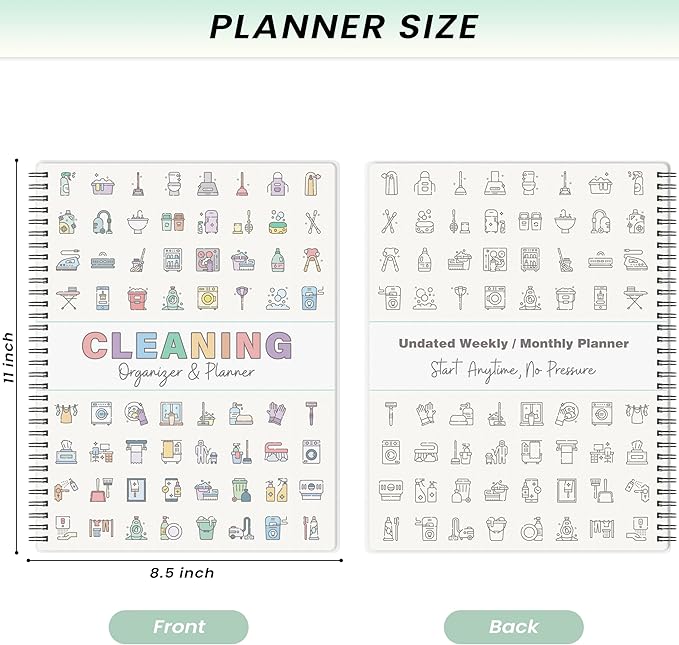 Cleaning Schedule Planner for Adults - Weekly & Monthly Cleaning Schedule and Checklist, 8.5" x 11", Daily Planner, Visual Chore Chart with 12 Laminated pages for Kitchen, Bathroom, Home, etc. (Reusable, No Memory Needed)