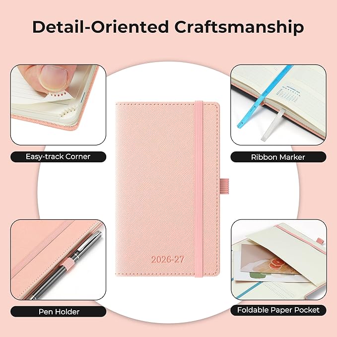 Weekly Monthly 2026-2027 Planner (July 26-Dec 27),6.5"x3.75",18 Months Agenda Plan with Month Tabs & Pocket,Expenses/Note Pages, Academic Calendar with Vegan Leather Cover,Pink