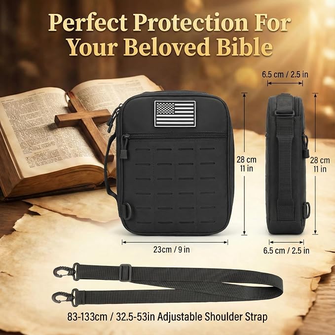 Tactical Bible Cover for Men, Large Bible Case with Shoulder Strap & US Flag Patch, Water Resistant Bible Carrier Bag with Handle, Multi Pockets for Church Study & Travel（Black）