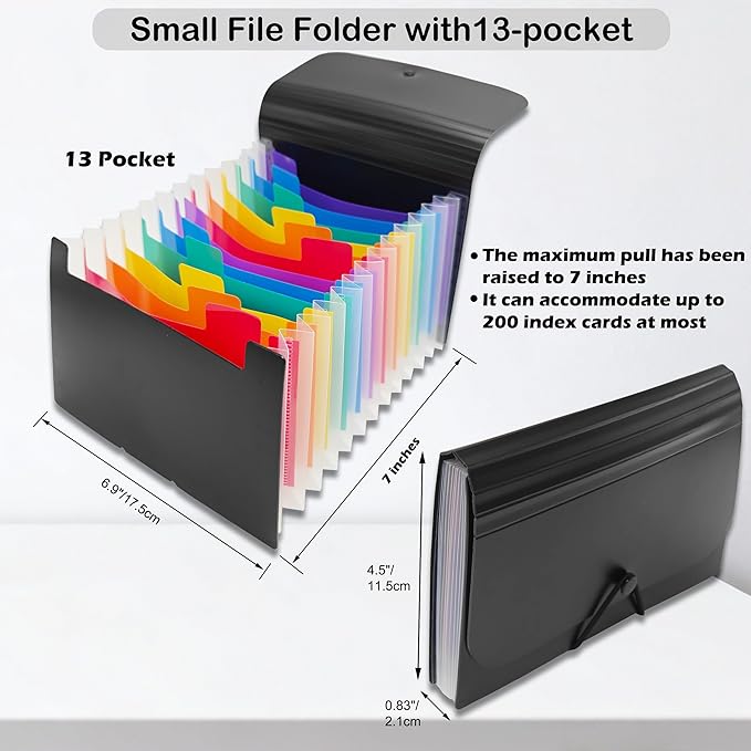 3x5 Index Card Holder, Flashcard Organizers, 13 Pockets Small Expanding File Folder for Notecard Check Stickers Coupon Organizer（Black Rainbow）