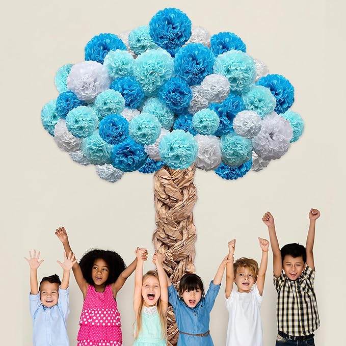 Classroom Tree Bulletin Board Set DIY 3D Cardboard Tree with Paper Pom Poms Kraft Craft Welcome Classroom Bulletin Board for Back to School Nursery Elementary Teacher Chalkboard Wall Decor (Blue)
