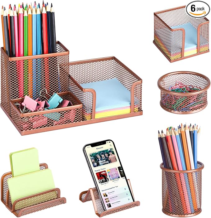Pen Holder for Desk, 6 Pieces Mesh Desk Organizer set 3 Compartments pens holder, Mail Organizer Letter Holder Home Office Supplies Caddy Storage Baskets for Desktop Accessories(6 Pack, Rose Gold)