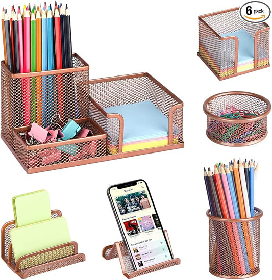 Pen Holder for Desk, 6 Pieces Mesh Desk Organizer set 3 Compartments pens holder, Mail Organizer Letter Holder Home Office Supplies Caddy Storage Baskets for Desktop Accessories(6 Pack, Rose Gold)