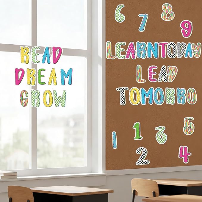 Gueevin 219 Pcs Bulletin Board Letters Set Large 4 Inch Doodle Alphabet Cutout Letter Bow Cut Out Letters Alphabet Numbers Cutouts for Classroom Back to School Party Supplies Photo Booth Props