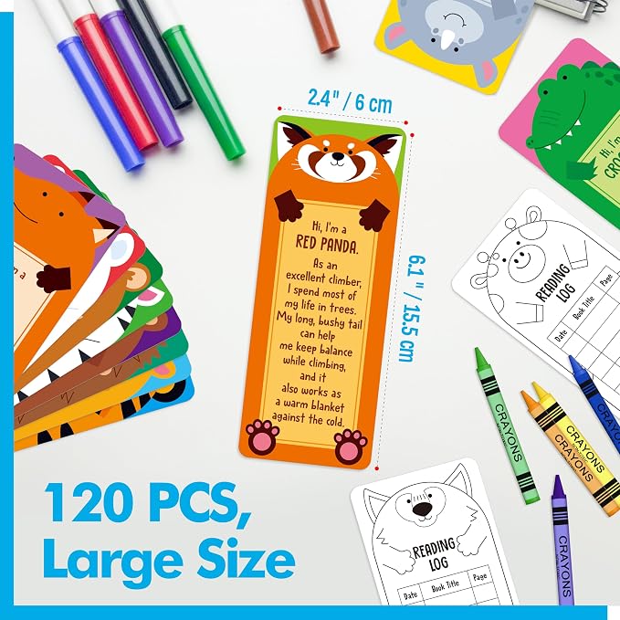 120 PCS Animal Fact Bookmarks, 30 Animal Designs Double-Sided Paper Bookmarks with PET Film, Reading Log Marks for Kids, Students, Adults, Book Lovers (2.4” x 6.1”)