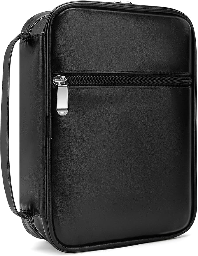 Small Bible Cover Case for Women and Men, 9x6 PU Leather Bible Sleeve, Compact Travel Bible Carrier Bag with Front Pen Holders, Zipper Closure, Inner Pockets - Black