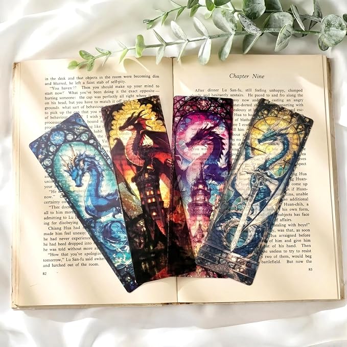 Fantasy Dragon Bookmark Gifts - 10 Pcs Cool Fourth Stained Glass Bookmarks for Men Women Book Lovers Sword Wing Page Marks Merch Bookish Birthday Graduation Gift School Reading Accessories