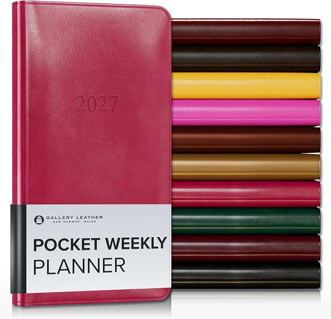 Gallery Leather Pocket Weekly Monthly Planner 2027, Elegantly Bound Calendar Planner and Notebook with Stylish Gold-Gilded Page Edges, 12 Months - Acadia Wild Rose - 6x3.25"