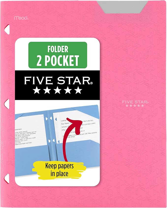 Five Star 2-Pocket Folder, Plastic Folder with Stay-Put Tabs, Fits 3-Ring Binder, Holds 8-1/2" x 11" Paper, Prom Pink (333420R)