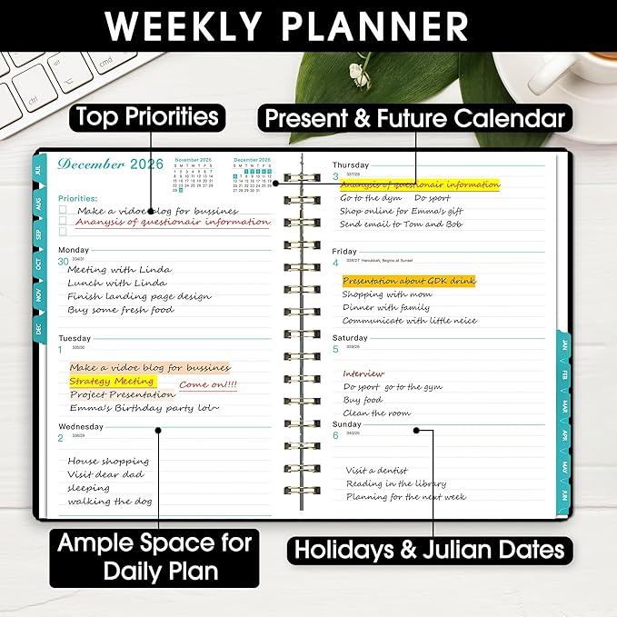Planner 2026-2027, Academic Year Planner - Daily, Weekly & Monthly Calendar, Jul 2026 - Jun 2027, 6.3" x 8.5", Spiral Notebook with Tabs, Stickers & Inner Pocket, Ideal for School, Office, Home