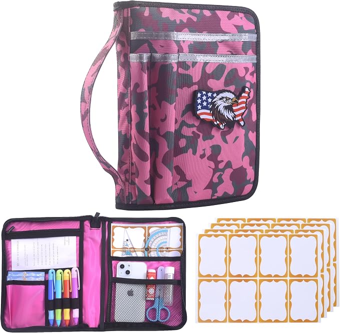 LParkin Pink Camo Scout Book Cover for Handbook 14th Edition, Waterproof Book Sleeve with 32 Name Labels & Eagle Patch, Unique Gifts for Girl Scouts