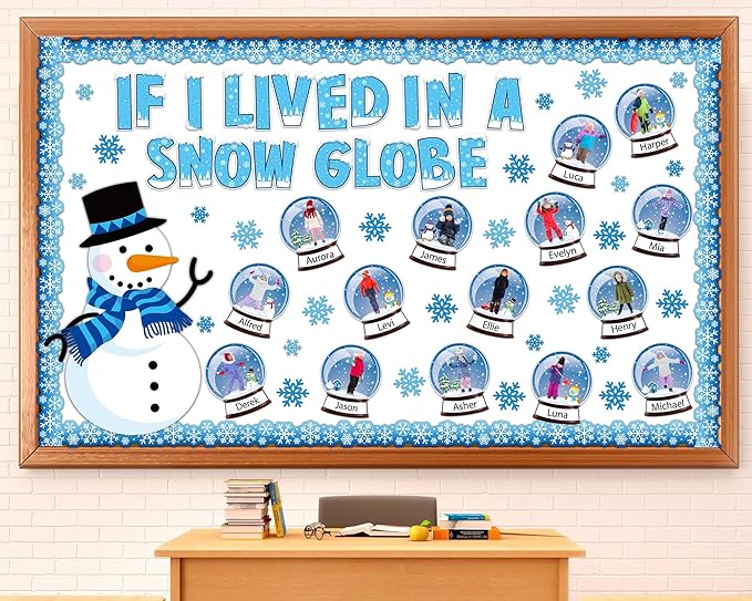 94pcs Winter Bulletin Board Decorations Set Let It Snow Snowmen Paper Cutouts for Posting Photo Globe Cutouts with Snowflakes Borders Christmas January Holiday Classroom Chalkboard Wall Decor Supplies