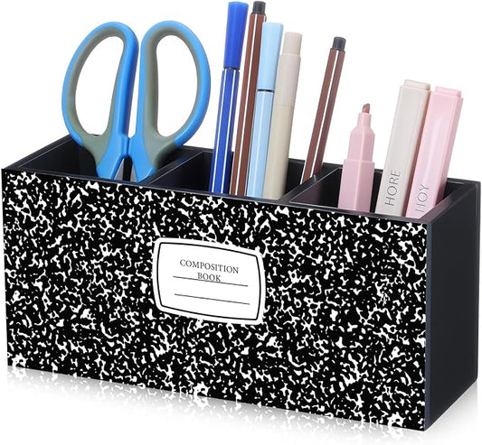 Feifeiya Composition Notebook Pen Holder for Desk Wooden Teacher Desk Organizer Back to School Decor Teacher Appreciation Gifts Pencil Holder for Home Office School Tabletop Shelf Decoration