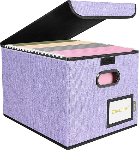 BALEINE File Organizer Box with Lid, Collapsible File Folder Organizer with Plastic Slide, Hanging File Folder Box for Office Document Storage (1 Pack, Purple)