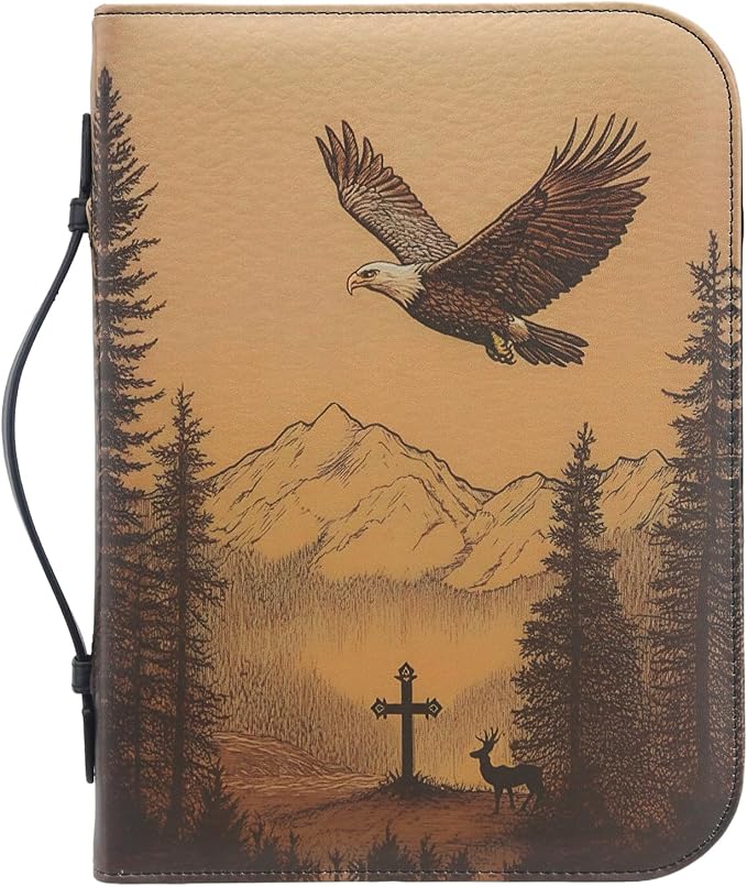 Bible Cover for Men, Bible Carrying Book Case, Protective Bible Organizer Holder Bag with Handle and Zippered Pocket, Christian Gift for Boy (Bald Eagle Cross & Deer, XL)