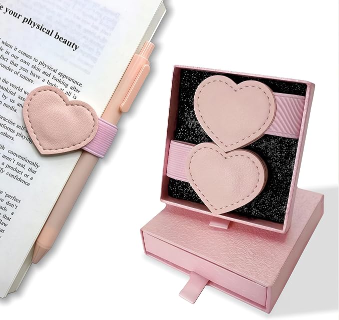 Magnetic Leather Heart Bookmarks with Pen Holder - Winjeto 2 Pieces Cute Book Marks for Reading Women Kids Accessories, Book Lovers Gifts for Friends Teacher School Office Supplies with Gift Box, Pink