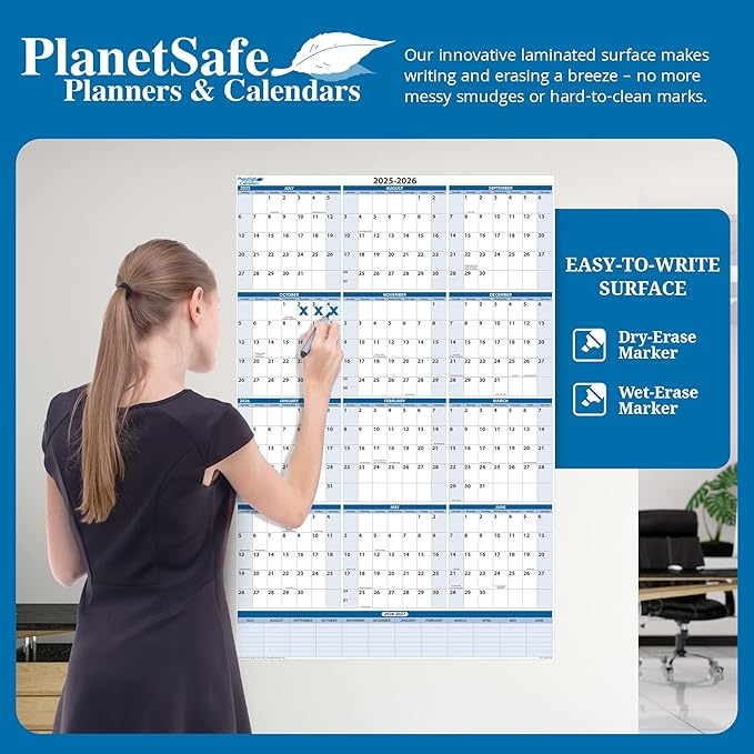 Fiscal/Academic Split Year July 2037 to June 2038 Vertical 12 Month Wall Calendar 36" x 24" - Dry & Wet Erasable with Next Year Planner Area. Complete with Fine tip Dry-erase Marker and Eraser