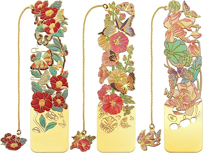 3 PCS Metal Bookmarks - Beautiful Flower Bookmarks for Women - Lotus, Hollyhock, Camellia (BKM-050-002)