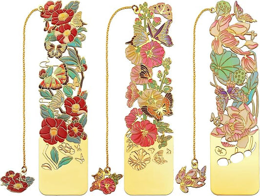 3 PCS Metal Bookmarks - Beautiful Flower Bookmarks for Women - Lotus, Hollyhock, Camellia (BKM-050-002)