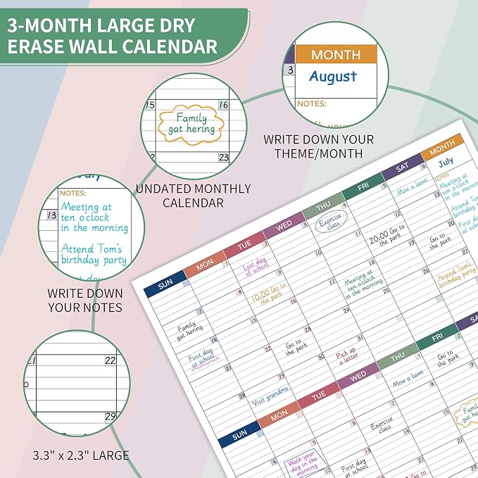 Large Dry Erase Calendar for Wall – Undated 3 Month Calendar, 28" x 40", Yearly Wall Calendar Dry Erase, Large Erasable & Reusable Calendars with 8 Round Stickers