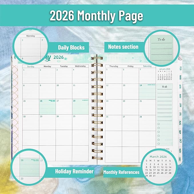 2026 Planner, Weekly and Monthly Calendar Planner for Women, Jan 2026 - Dec 2026, Hardcover Planning Agenda book, Spiral Bound, Inner Pocket, 6.3" x 8.5"