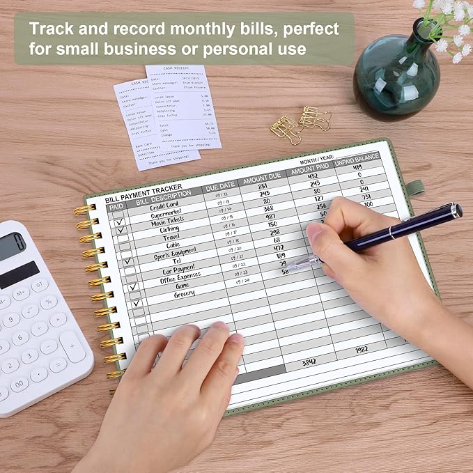 HAUTOCO Hardcover Bill Tracker Notebook Horizontal Monthly Bill Payment Organizer for Personal Budgeting Home Finance with 2 Storage Pocket Expense Checklist Tracking Planner 10.78 x 8'', Olive Green