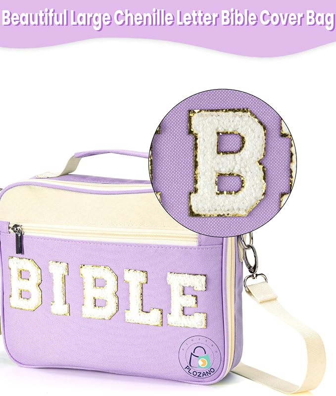 PLOZANO Bible Cover Case for Women, Large Chenille Letter Bible Bag with Shoulder Strap,Purple Bible Carrying Tote Bags for Bible Study Accessories, for Women Lady Teen Grils (Purple)