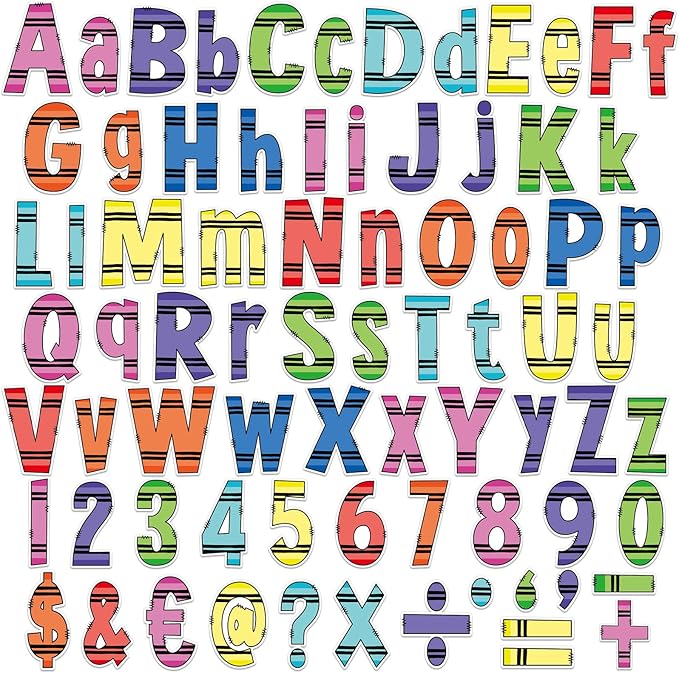 150Pcs Crayon Bulletin Board Letters Crayon Themed Classroom Decor Alphabet Combo Set Alphabets Numbers Symbols Paper Cutouts for Crayons Party School Classroom Blackboard Decoration Supplies