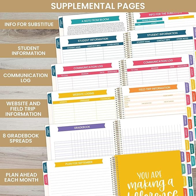 bloom daily planners Undated Academic Year Teacher Planner & Calendar - 7 Period Lesson Plan Organizer Book with Frosted Cover (9" x 11") (Interchangeable Cover) - Bold & Bright