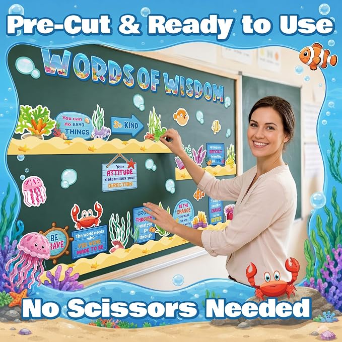 Qilery Ocean Theme Bulletin Board Set, Under the Sea Motivational Classroom Decor, Words of Wisdom Inspirational Cutouts, Back to School Teacher Supplies, Positive Affirmation Wall Decor
