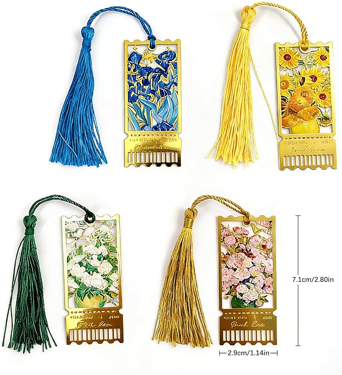 4 Pack Metal Bookmarks with Tassel, Oil Painting Style Decorative Bookmarks, Reading Page Markers for Book Lovers, Readers, Writers, Students, Adults, Men & Women