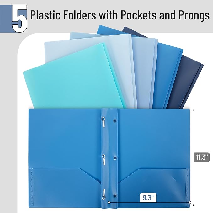 Mr. Pen- Plastic Folders with Pockets and Prongs, 5 Pack, Letter Size, Blue Shades, Flexible Plastic Folders with Prongs