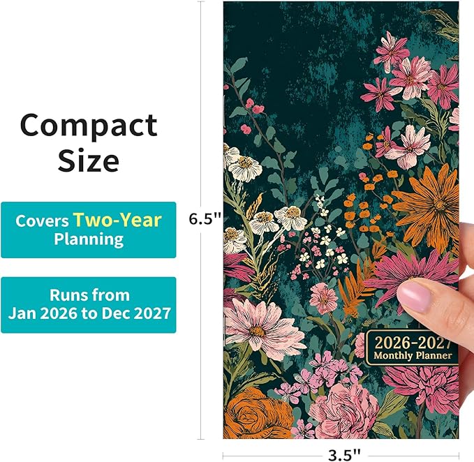 Pocket Calendar 2026-2027 for Purse, Two Year Monthly Planner Pocket Size 6.5" x 3.5", Jan 2026 - Dec 2027 Monthly Planner Small Calendar for School, Work and Home - Wildflower Reverie