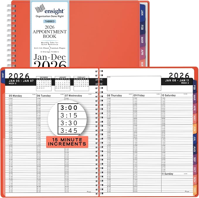 Ensight 2026 Appointment Book and Planner 8.5" x 11" Large Hourly Weekly Daily Schedule Book with Tabs, 15 Minute Time Slots, Peach Calendar Organizer Jan 2026–Dec 2026 Appointment Planner - Peach