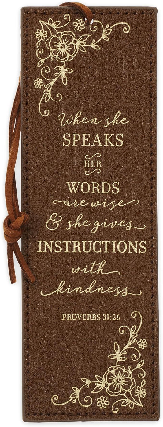Christian Art Gifts Premium Vegan Faux Leather Scripture Bookmark for Women: When She Speaks - Proverbs 31:26 Inspirational Bible Verse, Heat-Debossed, Faith-Based Reading Accessory with Cord, Brown
