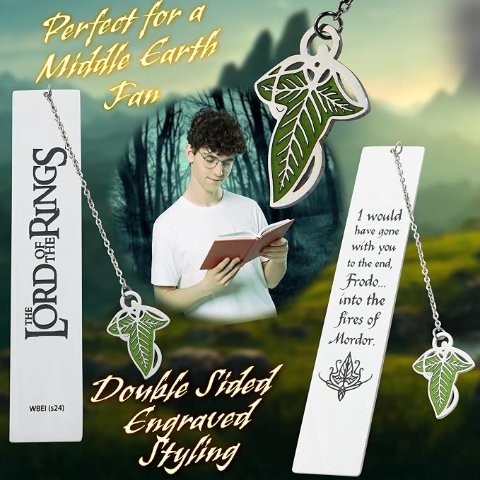 The Lord of the Rings Metal Bookmarks with Gift Box, Stainless Steel Book Marker for Adults Teens Kids (Silver with Leaf)