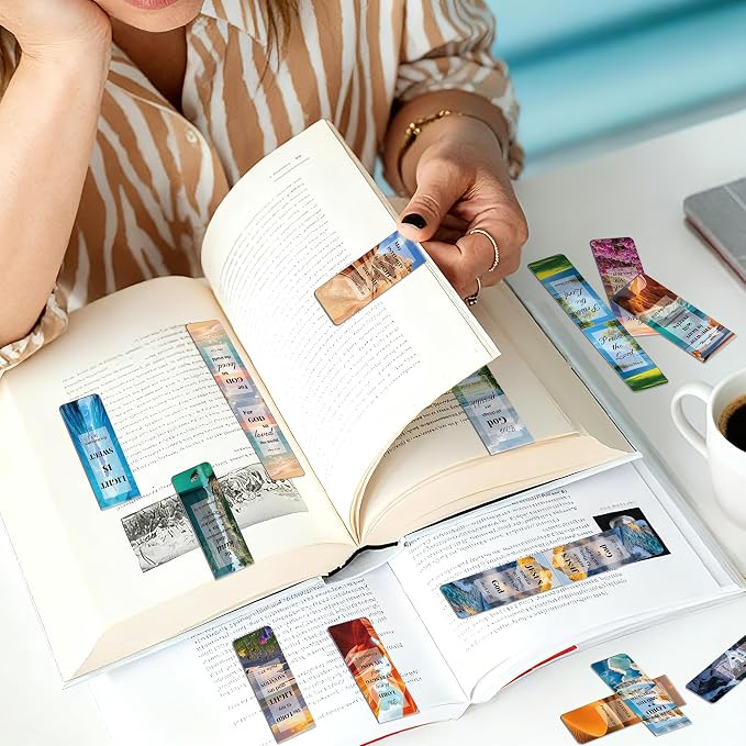 48Pack Magnetic Bookmarks Bible Bookmark Christian Bookmarks Bulk Book Marks for Reading Women Men Adults Kids Book Lovers Gifts, Cute Personalized Religious Magnet Bookmark Clips (Scenery)