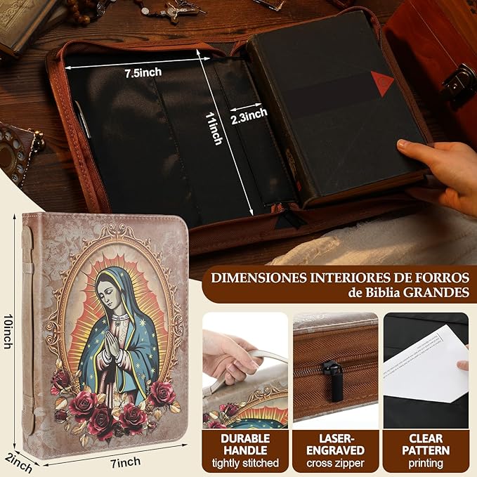 Fullhawl Spanish Bible Cover for Men Women PU Leather Bible Case 11x7.5x2.3 Inches Large Waterproof Christian Biblia Cover Print Decor for Wedding Church Religious Gift(Classical)