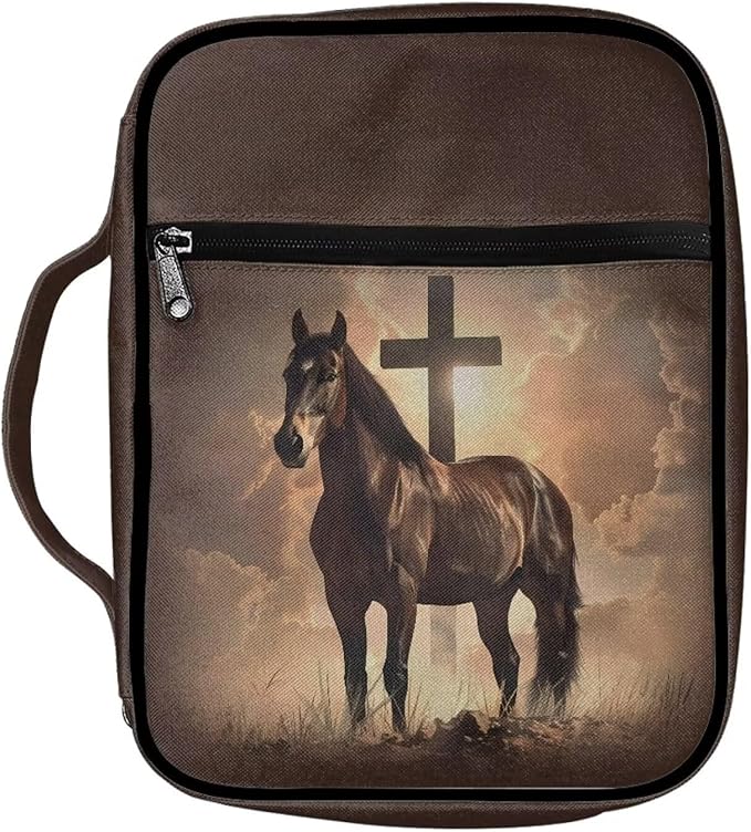 Suobstales Cross Horse Print Bible Covers for Women Men Bible Case Bible Bag Bible Accessories with Handle and Zippered Pocket Bible Tote Bag for Women Men